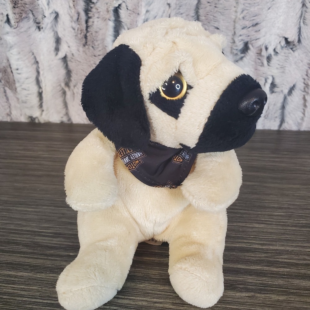 Harley-Davidson Tan Pug Floppy Bean Bag 6" Plush Wearing Branded‎ Bandana